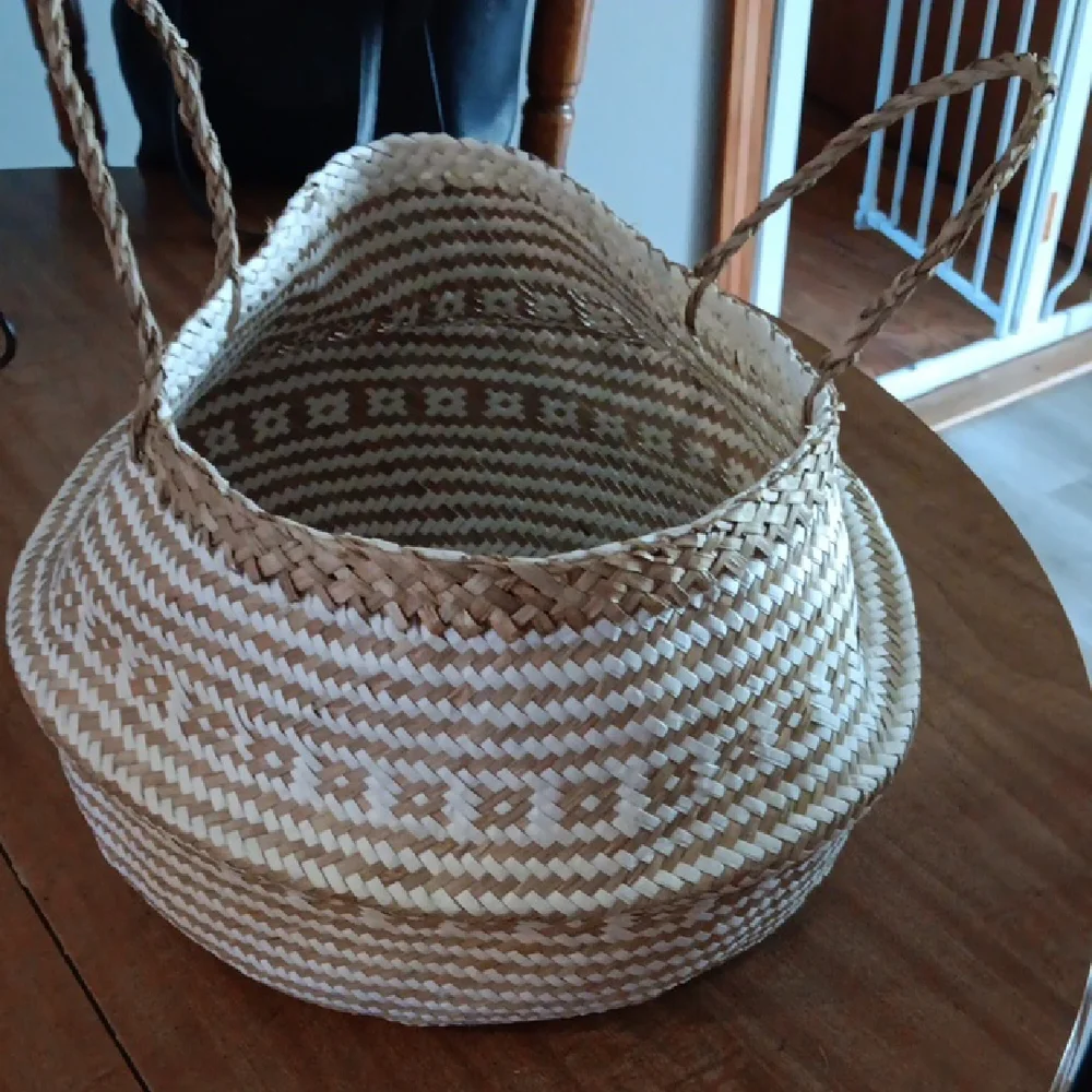 Woven Basket with Handles - Natural and White